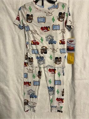 Disney Cars White Kids Pajama Set with Red Blue Brown Accents
